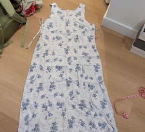 Vintage White Maxi Dress with Blue Floral Print